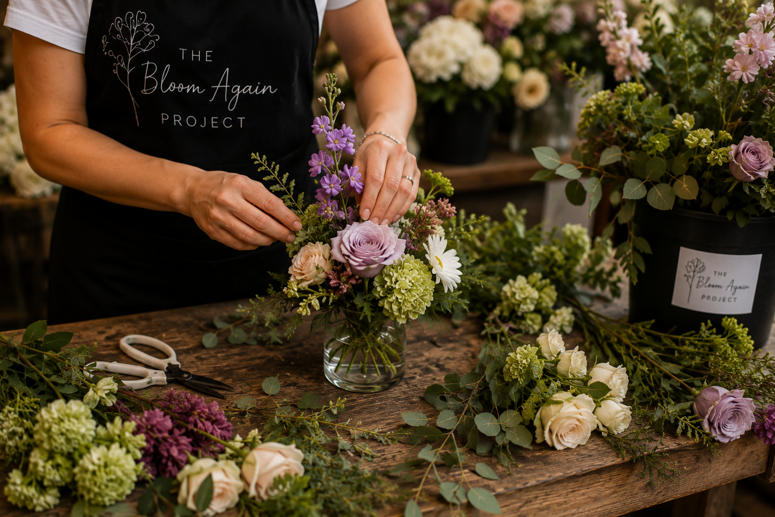 Volunteer transforming donated event flowers into small bedside bouquets
