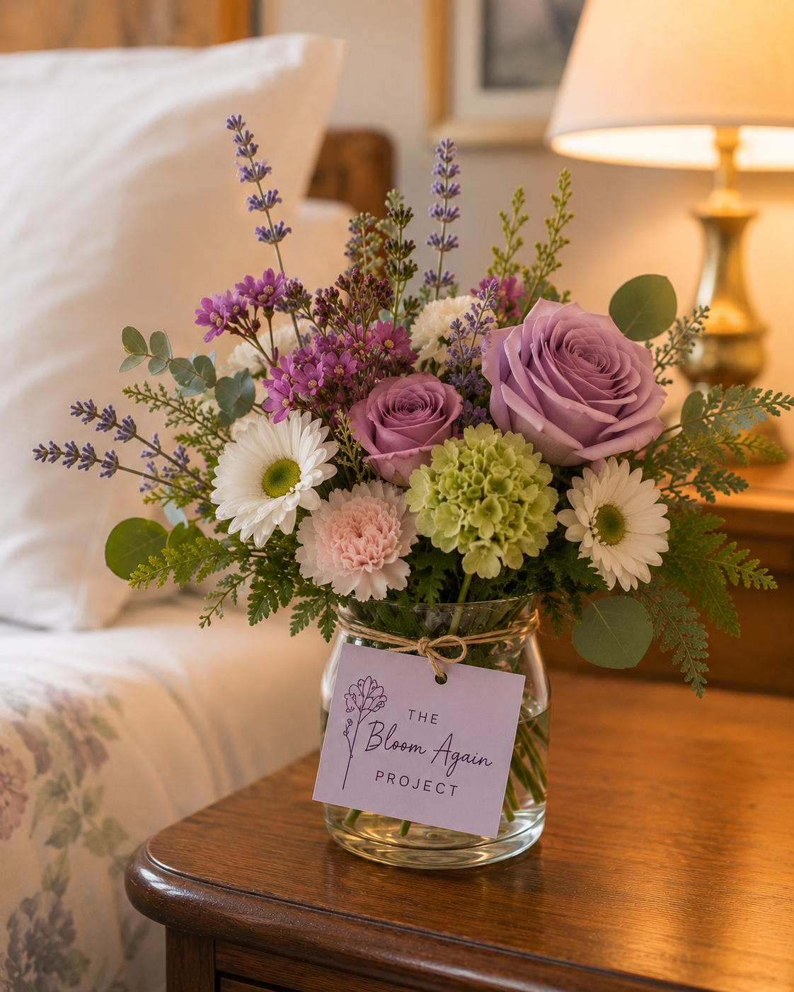 Repurposed floral arrangement ready for delivery to a care community